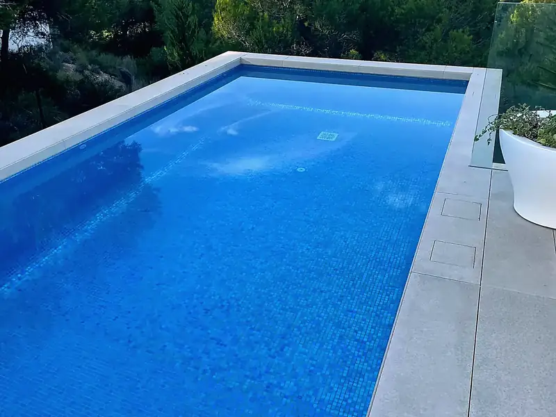 Rectangular pool with light blue mosaic, cream stone coping, grey porcelain paving, glass fence and pine woodland behind