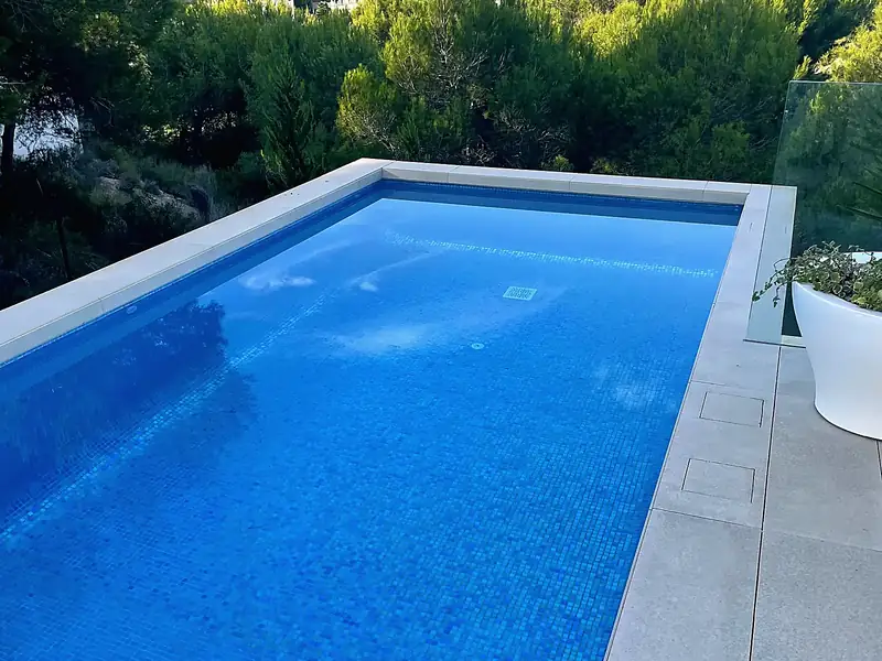 Pool with light blue mosaic, pale stone coping, grey porcelain terrace and a frameless glass fence overlooking pine woodland